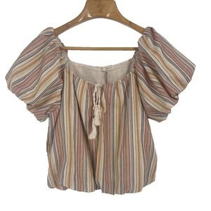 Easel Womens Crop Top Large Ivory Lined Stripe Embroidered Hippie Boho‎ Festival